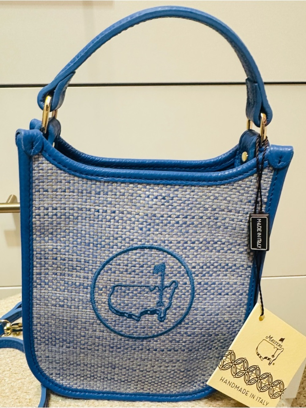 Masters Blue Woven Leather-Trim Shoulder Bag